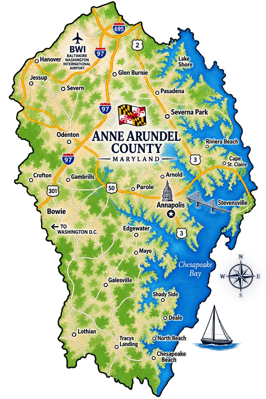 Illustrated map of Anne Arundel County, Maryland and nearby communities